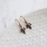 Small Copper Earrings - maple leaf - little tiny micro mini antique finish leaves - minimalist aged dangle charm - rustic tree autumn child - Constant Baubling