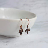 Small Copper Earrings - maple leaf - little tiny micro mini antique finish leaves - minimalist aged dangle charm - rustic tree autumn child - Constant Baubling