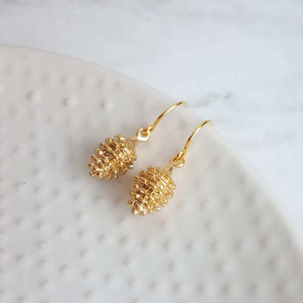 Gold Pine Cone Earrings, small pinecone earring, little pine cone, fall earring, autumn earring, matte gold harvest earring, nature earring - Constant Baubling