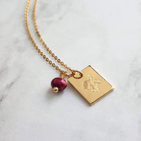 Mum Necklace - gold Chrysanthemum flower pendant, gold square pendant, engraved flower necklace, mum charm, maroon pearl charm, freshwater - Constant Baubling