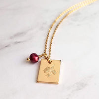 Mum Necklace - gold Chrysanthemum flower pendant, gold square pendant, engraved flower necklace, mum charm, maroon pearl charm, freshwater - Constant Baubling