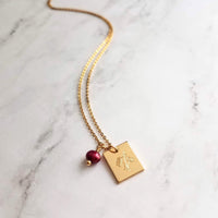 Mum Necklace - gold Chrysanthemum flower pendant, gold square pendant, engraved flower necklace, mum charm, maroon pearl charm, freshwater - Constant Baubling