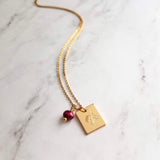 Mum Necklace - gold Chrysanthemum flower pendant, gold square pendant, engraved flower necklace, mum charm, maroon pearl charm, freshwater - Constant Baubling