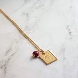 Mum Necklace - gold Chrysanthemum flower pendant, gold square pendant, engraved flower necklace, mum charm, maroon pearl charm, freshwater - Constant Baubling