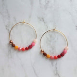 Beaded Hoop Earrings - red pink beads, large gold hoops, summer earring, tropical earring, bold earring, colorful hoop earring, bright color - Constant Baubling