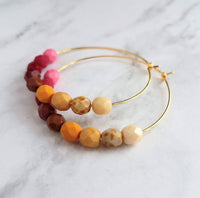 Beaded Hoop Earrings - large gold hoop, summer earring, tropical earring, chunky bead earring, bright colorful earring, red pink brown beads - Constant Baubling