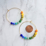 Chunky Bead Earrings - large gold hoop, summer earrings, beaded hoops, bright colorful earring, green blue yellow beads, tropical earrings - Constant Baubling