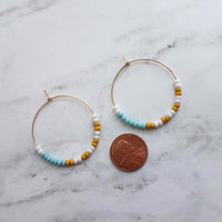 Thin Gold Hoop Earrings, color block earring, seed bead earring, small hoop, little gold hoops, mustard yellow, white, baby blue beaded - Constant Baubling