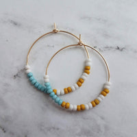 Thin Gold Hoop Earrings, color block earring, seed bead earring, small hoop, little gold hoops, mustard yellow, white, baby blue beaded - Constant Baubling