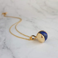 Lapis Lazuli Necklace - lapis pendant, gold chain, blue stone necklace, lapis lazuli pendant, spinning pendant charm, round stone ball - Constant Baubling