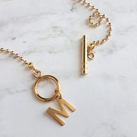 Gold Ball Chain Necklace & Letter Charm, chunky chain, gold letter necklace, toggle clasp necklace, front clasp necklace, initial necklace - Constant Baubling