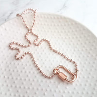Rose Gold Ball Chain Necklace, chunky front clasp necklace, carabiner clasp, rose gold ball necklace, large oval clasp, screw clasp necklace - Constant Baubling