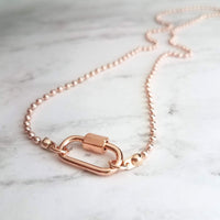 Rose Gold Ball Chain Necklace, chunky front clasp necklace, carabiner clasp, rose gold ball necklace, large oval clasp, screw clasp necklace - Constant Baubling