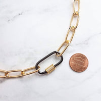 Gold Oval Chain Necklace, chunky front clasp necklace, black carabiner clasp, gold black necklace, large oval CZ clasp, screw clasp necklace - Constant Baubling