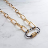 Gold Oval Chain Necklace, chunky front clasp necklace, black carabiner clasp, gold black necklace, large oval CZ clasp, screw clasp necklace - Constant Baubling