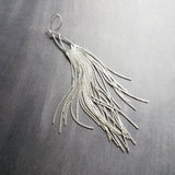 Silver Chain Fringe Earrings - silver tassel earring, chain dangle, v shape, thin chain fringe, chain tassel, 5.6 inch, extra long earring - Constant Baubling