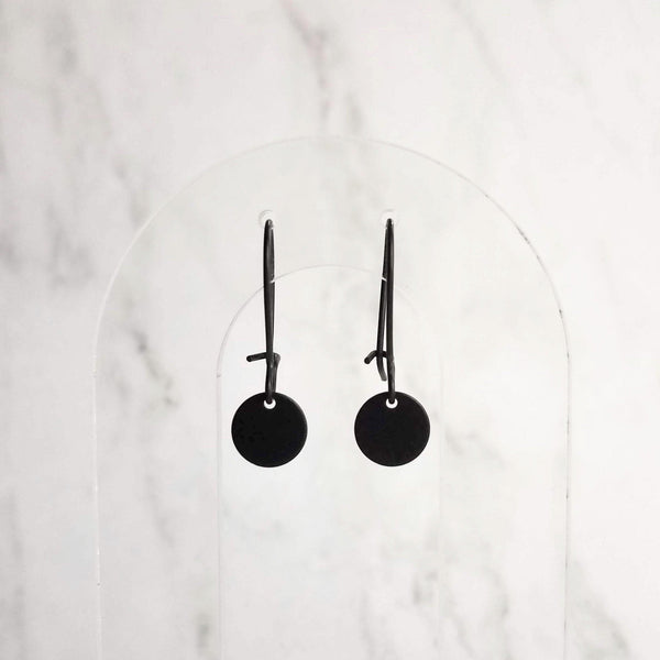 Black Disk Earrings - matte black earring, small disk earring, black leverback, all black earring, circle charm earring, small round disk - Constant Baubling