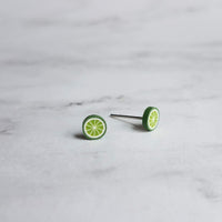 Lime Earrings - fruit earring, lime slice earring, foodie earring, chef earring, food earring, lime stud, tiny lime earring, citrus fruit - Constant Baubling