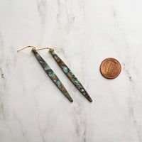 Long Thin Earrings - verdigris earring, patina earring, long spear earring, blue green earring, rustic earring, mottled earrring, black - Constant Baubling