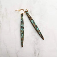 Long Thin Earrings - verdigris earring, patina earring, long spear earring, blue green earring, rustic earring, mottled earrring, black - Constant Baubling