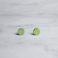 Lime Earrings - fruit earring, lime slice earring, foodie earring, chef earring, food earring, lime stud, tiny lime earring, citrus fruit - Constant Baubling
