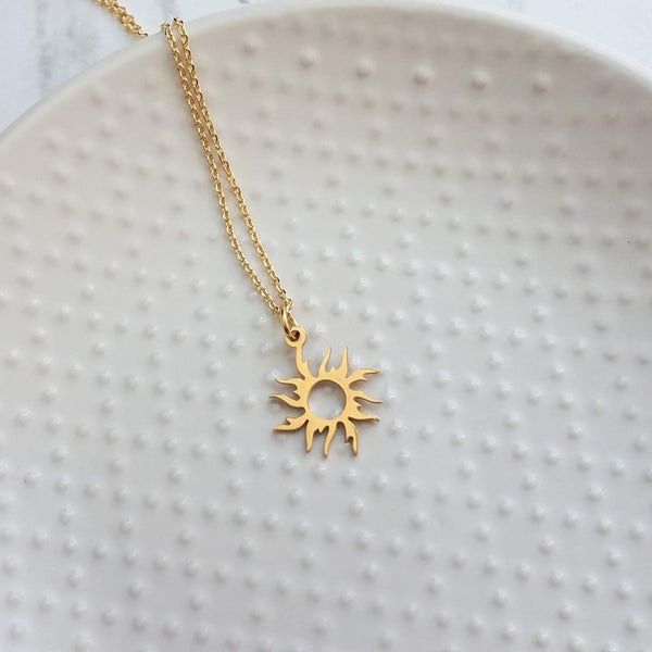 Gold Sun Necklace - sun pendant, wavy sun ray, gold sunshine necklace, sun jewelry, small gold sun necklace, simple sun necklace, sun ray - Constant Baubling