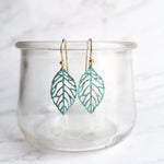 Aqua Leaf Earrings - patina earring, verdigris earring, cut out leaf earring, filigree leaf earring, small leaf earring, delicate earring - Constant Baubling