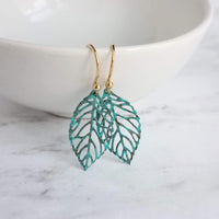 Aqua Leaf Earrings - patina earring, verdigris earring, cut out leaf earring, filigree leaf earring, small leaf earring, delicate earring - Constant Baubling