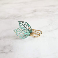 Aqua Leaf Earrings - patina earring, verdigris earring, cut out leaf earring, filigree leaf earring, small leaf earring, delicate earring - Constant Baubling
