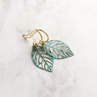 Aqua Leaf Earrings - patina earring, verdigris earring, cut out leaf earring, filigree leaf earring, small leaf earring, delicate earring - Constant Baubling