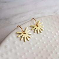 Small Gold Sun Earrings, sun ray earring, sunshine earring, little sun earring, gold gear earring, gold snowflake, sunny day earring, happy - Constant Baubling