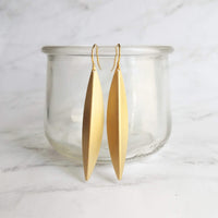 Long Gold Earrings, oval earring, simple gold earring, long simple gold earring, pod earring, folded leaf earring, long narrow earring - Constant Baubling