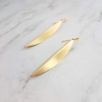 Long Gold Earrings, oval earring, simple gold earring, long simple gold earring, pod earring, folded leaf earring, long narrow earring - Constant Baubling