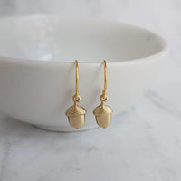 Small Acorn Earrings, gold acorn earring, small gold acorn earring, little gold acorn earring, tiny acorn earring, acorn dangle, simple gold - Constant Baubling