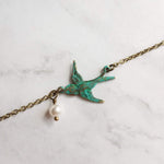 Little Bird Necklace, verdigris patina, antique brass chain, bronze necklace, blue green patina, flying bird necklace, pearl necklace, small - Constant Baubling