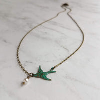 Little Bird Necklace, verdigris patina, antique brass chain, bronze necklace, blue green patina, flying bird necklace, pearl necklace, small - Constant Baubling