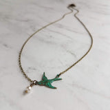 Little Bird Necklace, verdigris patina, antique brass chain, bronze necklace, blue green patina, flying bird necklace, pearl necklace, small - Constant Baubling