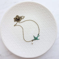 Little Bird Necklace, verdigris patina, antique brass chain, bronze necklace, blue green patina, flying bird necklace, pearl necklace, small - Constant Baubling