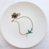 Little Bird Necklace, verdigris patina, antique brass chain, bronze necklace, blue green patina, flying bird necklace, pearl necklace, small - Constant Baubling