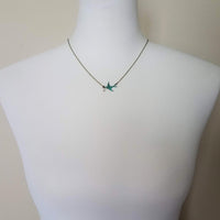Little Bird Necklace, verdigris patina, antique brass chain, bronze necklace, blue green patina, flying bird necklace, pearl necklace, small - Constant Baubling