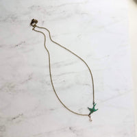 Little Bird Necklace, verdigris patina, antique brass chain, bronze necklace, blue green patina, flying bird necklace, pearl necklace, small - Constant Baubling