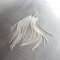 Silver Chain Fringe Earrings - silver tassel earring, chain dangle, v shape, thin chain fringe, chain tassel, 5.6 inch, extra long earring - Constant Baubling