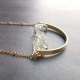 Crystal Necklace, clear quartz crystal pendant, stone pebble pendant, stone chip necklace, gold semicircle pendant, energy chakra long chain - Constant Baubling