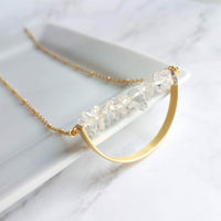 Crystal Necklace, clear quartz crystal pendant, stone pebble pendant, stone chip necklace, gold semicircle pendant, energy chakra long chain - Constant Baubling