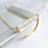 Crystal Necklace, clear quartz crystal pendant, stone pebble pendant, stone chip necklace, gold semicircle pendant, energy chakra long chain - Constant Baubling