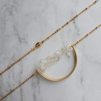 Crystal Necklace, clear quartz crystal pendant, stone pebble pendant, stone chip necklace, gold semicircle pendant, energy chakra long chain - Constant Baubling