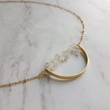 Crystal Necklace, clear quartz crystal pendant, stone pebble pendant, stone chip necklace, gold semicircle pendant, energy chakra long chain - Constant Baubling