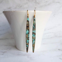 Long Thin Earrings - verdigris earring, patina earring, long spear earring, blue green earring, rustic earring, mottled earrring, black - Constant Baubling