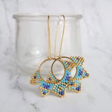 Gold Turquoise Earrings, circle earring, beaded earring, seed bead earring, blue gold earring, tiny bead earring, beaded hoop, 2.5 inch - Constant Baubling