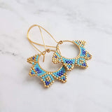 Gold Turquoise Earrings, circle earring, beaded earring, seed bead earring, blue gold earring, tiny bead earring, beaded hoop, 2.5 inch - Constant Baubling